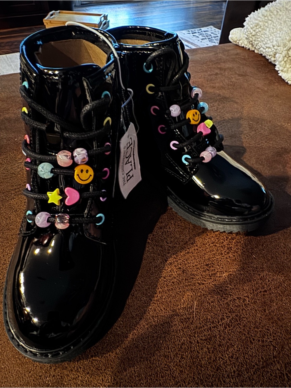 Little Girls Sz 12 Black Patent Combat Boots with Colorful Bead Charms